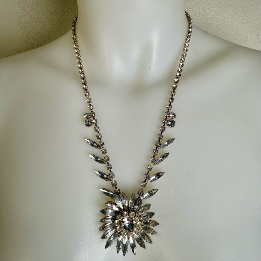 Rhinestone Flower Necklace 23" Goldtone Lotus Sunflower Formal Statement Jewelry